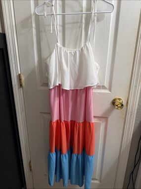 Time and Tru White Pink Orange Blue Tiered Maxi Dress